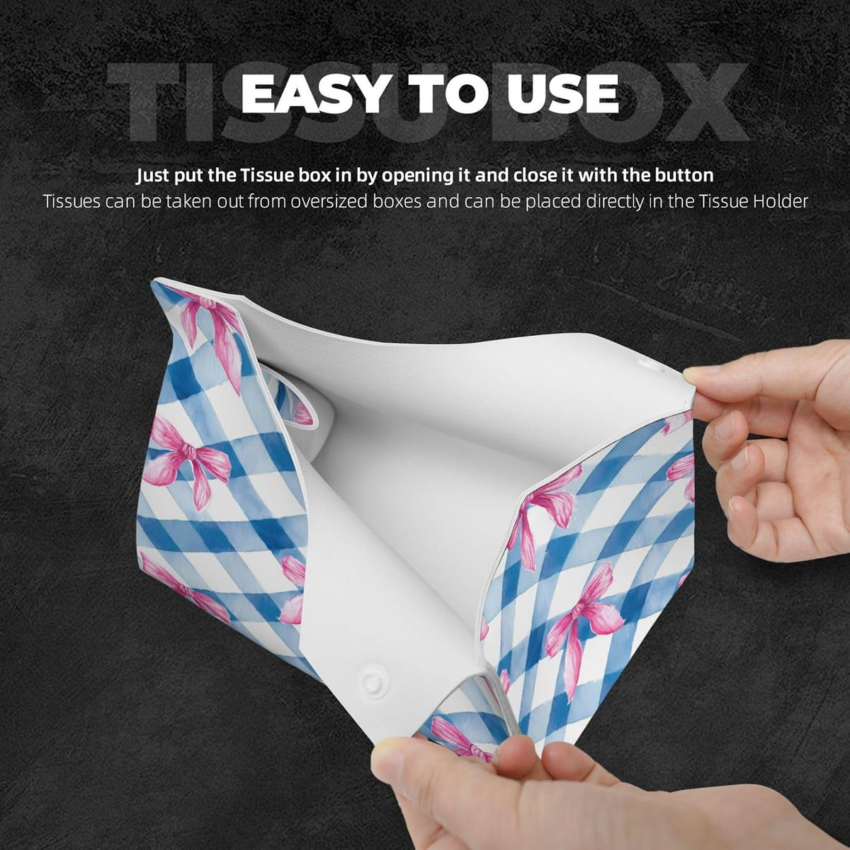 Pink Bows Blue Checkerboard Plaid Rectangle Tissue Box Cover PVC Faux Leather Tissue Boxes Holder Lightweight Tissue Box Cube for Bathroom Home Car Office