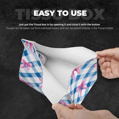Pink Bows Blue Checkerboard Plaid Rectangle Tissue Box Cover PVC Faux Leather Tissue Boxes Holder Lightweight Tissue Box Cube for Bathroom Home Car Office