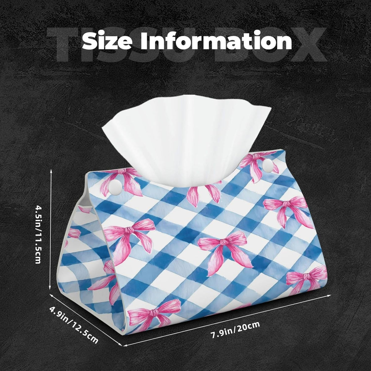 Pink Bows Blue Checkerboard Plaid Rectangle Tissue Box Cover PVC Faux Leather Tissue Boxes Holder Lightweight Tissue Box Cube for Bathroom Home Car Office