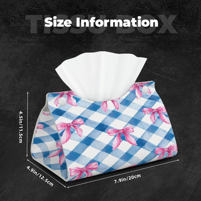 Pink Bows Blue Checkerboard Plaid Rectangle Tissue Box Cover PVC Faux Leather Tissue Boxes Holder Lightweight Tissue Box Cube for Bathroom Home Car Office