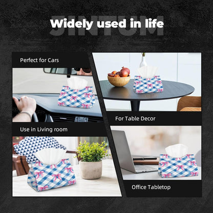 Pink Bows Blue Checkerboard Plaid Rectangle Tissue Box Cover PVC Faux Leather Tissue Boxes Holder Lightweight Tissue Box Cube for Bathroom Home Car Office