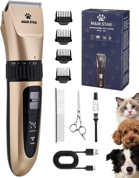 M&M STAR Dog Grooming Kit, Low Noise Dog Clippers, 2-Speed IPX7 Waterproof, Rechargeable Cordless Pet Hair Clippers Trimmer Shaver with LED Display for Dogs and Cats, Gold
