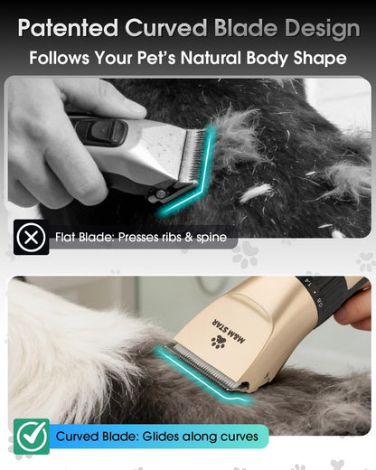 M&M STAR Dog Grooming Kit, Low Noise Dog Clippers, 2-Speed IPX7 Waterproof, Rechargeable Cordless Pet Hair Clippers Trimmer Shaver with LED Display for Dogs and Cats, Gold