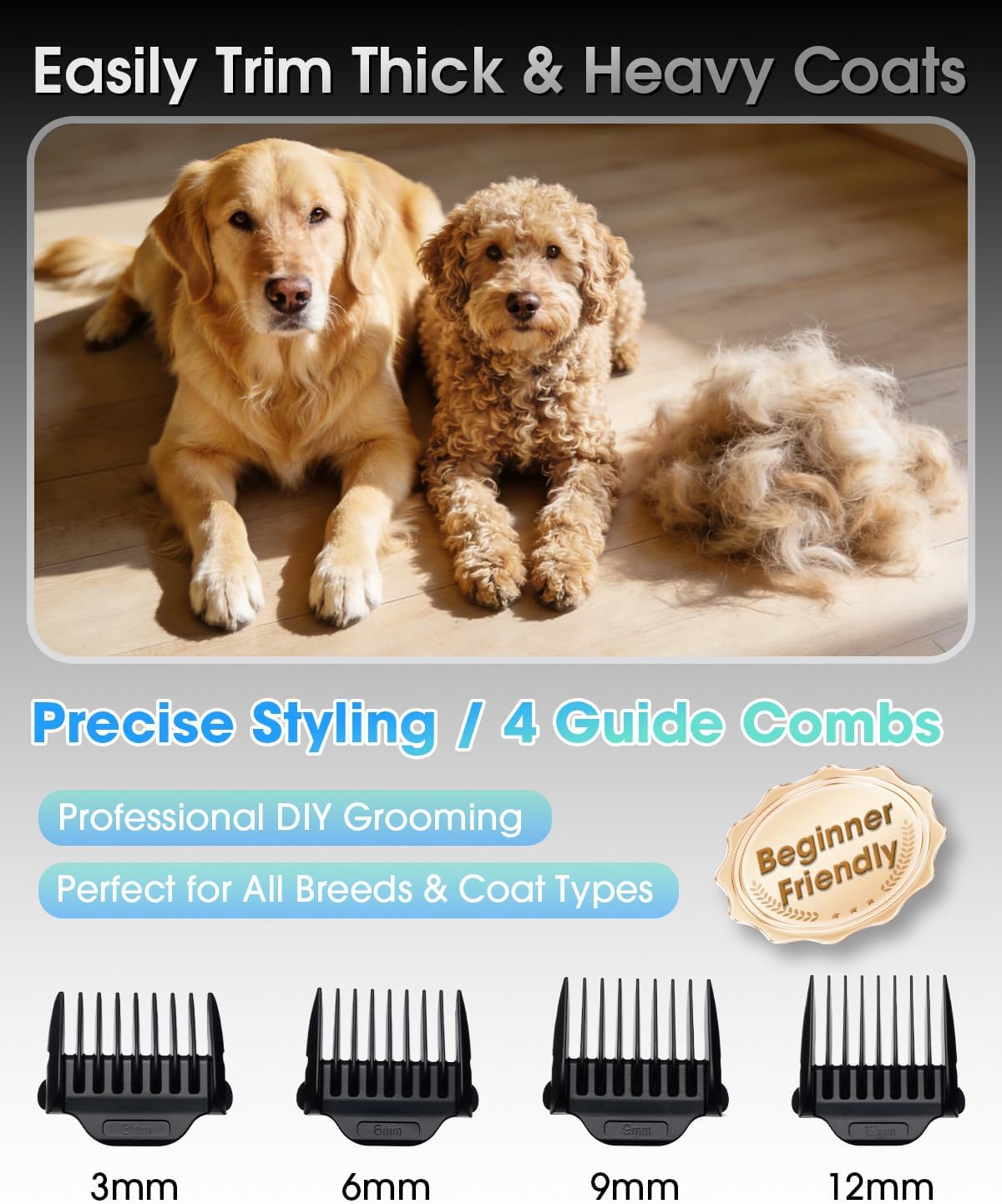 M&M STAR Dog Grooming Kit, Low Noise Dog Clippers, 2-Speed IPX7 Waterproof, Rechargeable Cordless Pet Hair Clippers Trimmer Shaver with LED Display for Dogs and Cats, Gold
