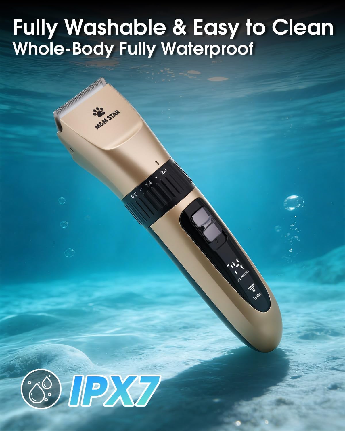 M&M STAR Dog Grooming Kit, Low Noise Dog Clippers, 2-Speed IPX7 Waterproof, Rechargeable Cordless Pet Hair Clippers Trimmer Shaver with LED Display for Dogs and Cats, Gold