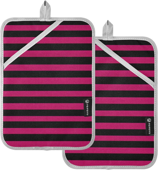 Pot Holder 2 Pack Set Hot Pads Potholders with Pockets Heat Resistant Square Quilted Oven Hot Pads Trivets for Kitchen Cooking Baking Pink Black Stripes
