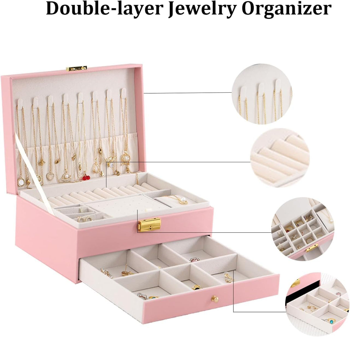 Jewelry Box for Women Girls, Two Layers Jewelry Organizer Pink