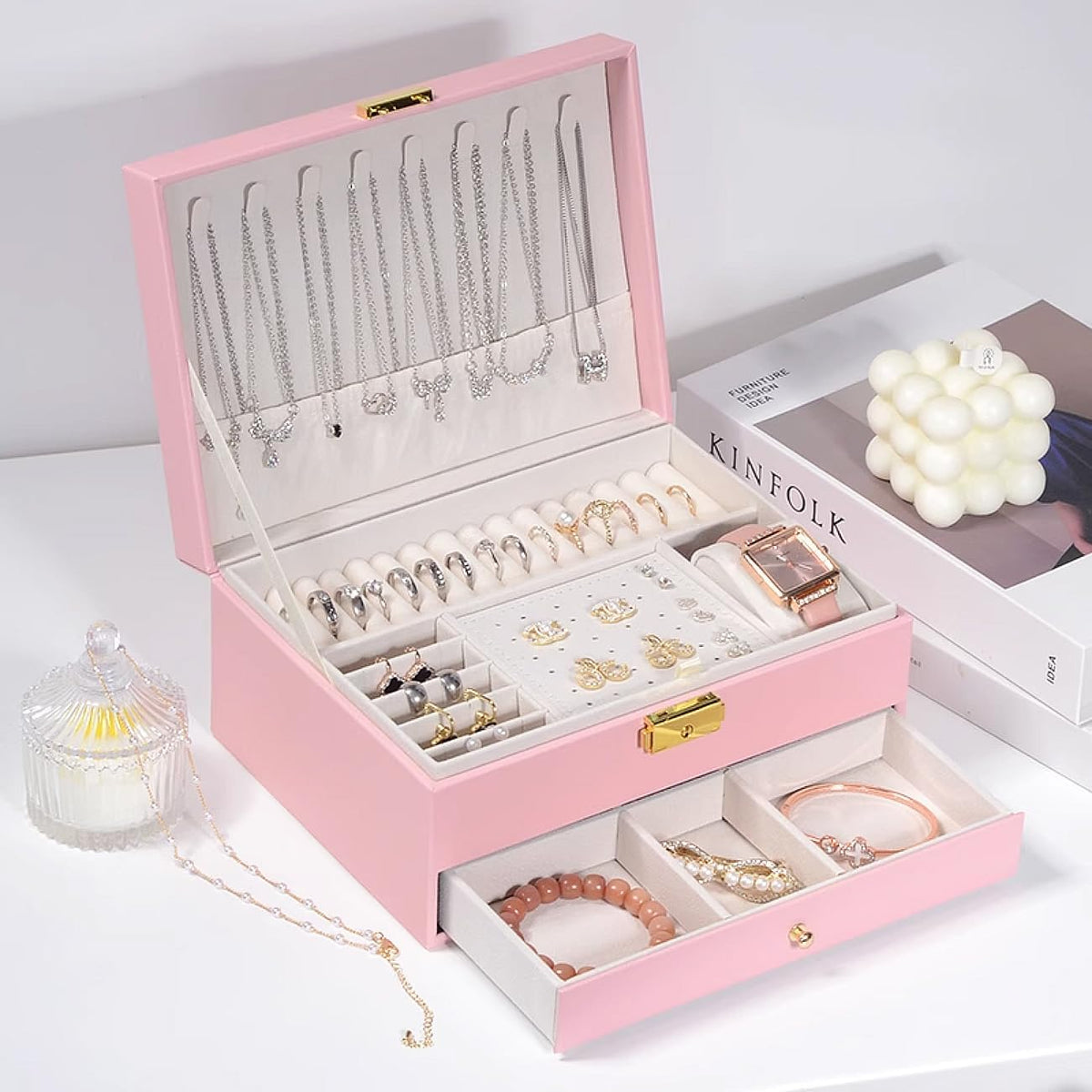 Jewelry Box for Women Girls, Two Layers Jewelry Organizer Pink