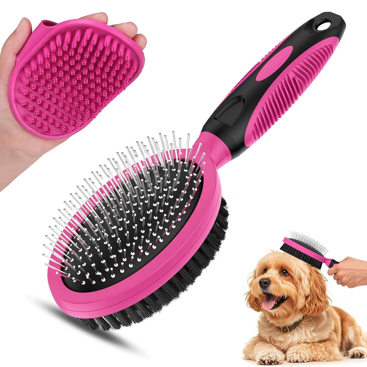 2PCS Pet Grooming Tools - Double-Sided Brush for Shedding and Bathing, Suitable for Short/Long Haired Dogs Cats and Horses, Deshedding Dog Brush, Mane & Tail Combs for Horses - Pet Supplies (Pink)