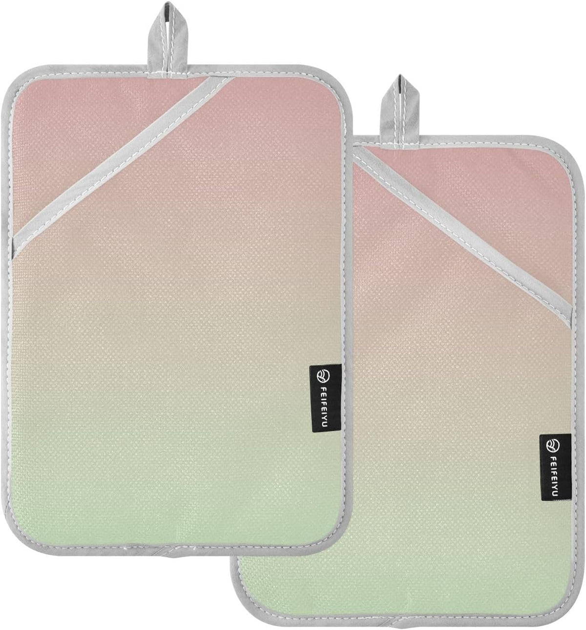 2 Pack Pot Holders, Solid Color Pink Light Green Gradient Oven Mitts Hot Pads Sets for Ovens Cooking Baking Pans, Square 7x9.8 in