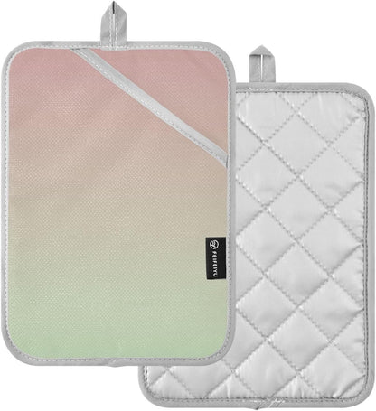 2 Pack Pot Holders, Solid Color Pink Light Green Gradient Oven Mitts Hot Pads Sets for Ovens Cooking Baking Pans, Square 7x9.8 in