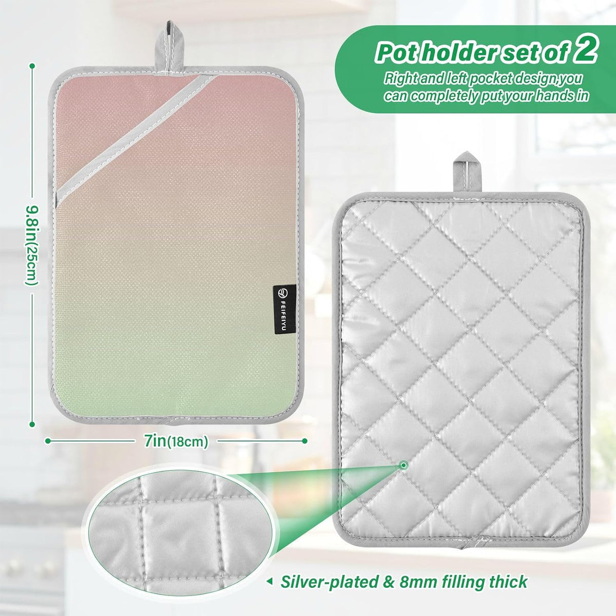 2 Pack Pot Holders, Solid Color Pink Light Green Gradient Oven Mitts Hot Pads Sets for Ovens Cooking Baking Pans, Square 7x9.8 in