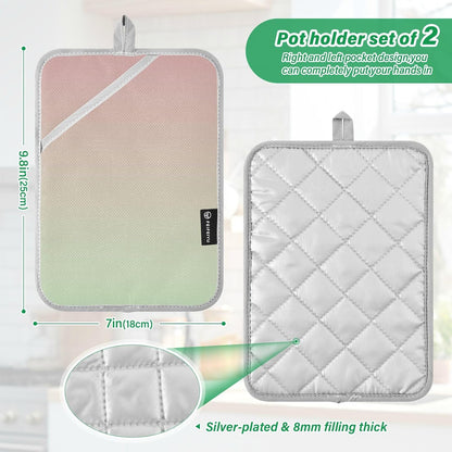 2 Pack Pot Holders, Solid Color Pink Light Green Gradient Oven Mitts Hot Pads Sets for Ovens Cooking Baking Pans, Square 7x9.8 in