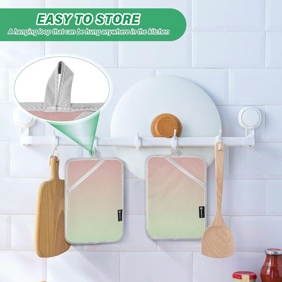 2 Pack Pot Holders, Solid Color Pink Light Green Gradient Oven Mitts Hot Pads Sets for Ovens Cooking Baking Pans, Square 7x9.8 in