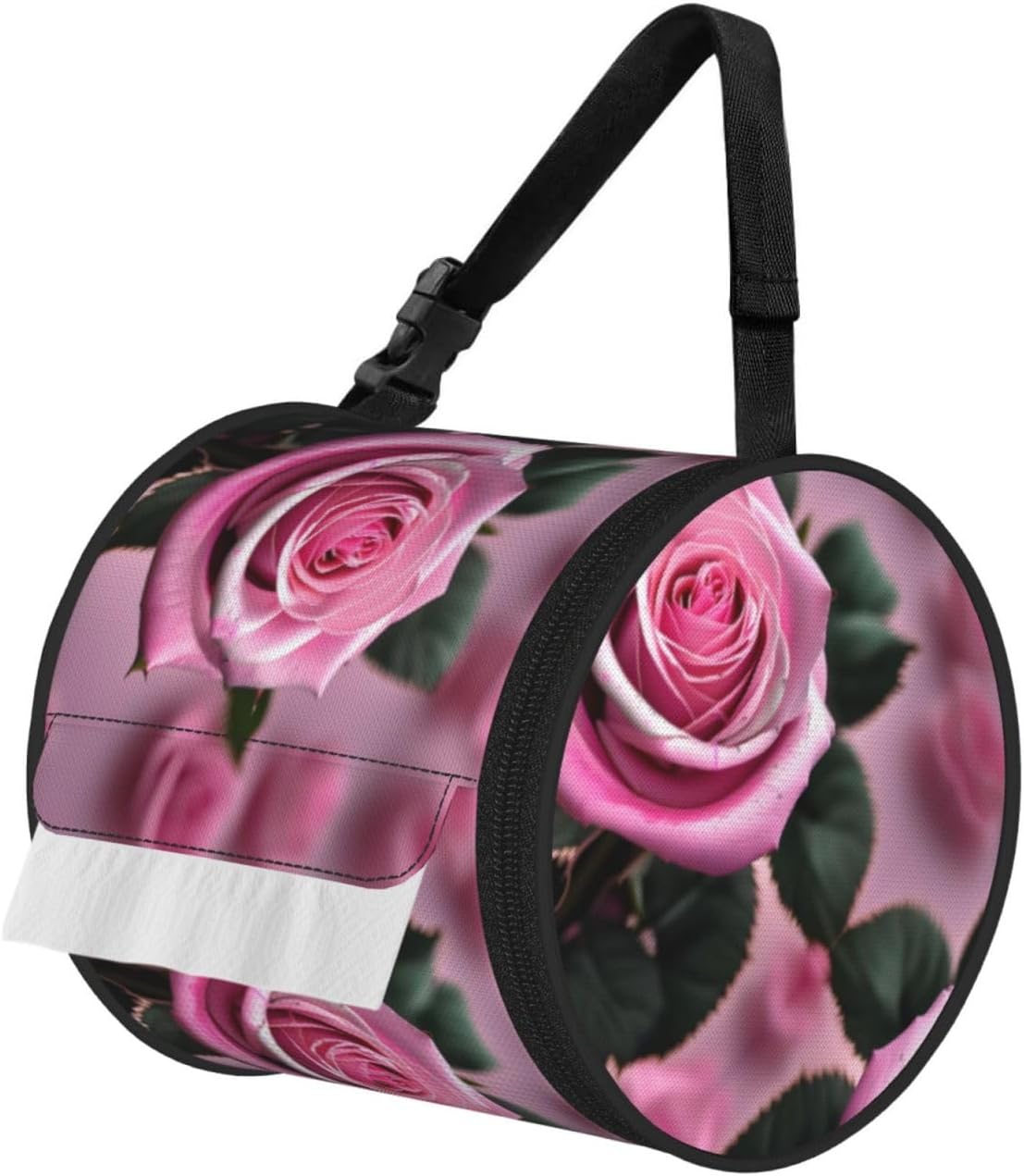 Pink and Rose Print Cylinder Tissue Box Cover Portable Tissue Holder for Bathroom Car Office Home Indoor Outdoor