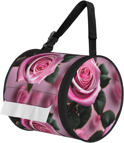 Pink and Rose Print Cylinder Tissue Box Cover Portable Tissue Holder for Bathroom Car Office Home Indoor Outdoor