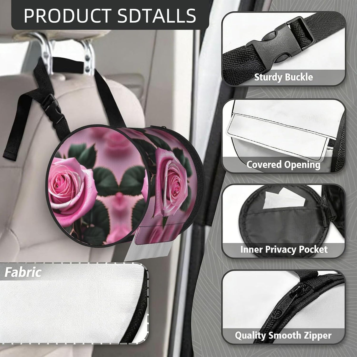 Pink and Rose Print Cylinder Tissue Box Cover Portable Tissue Holder for Bathroom Car Office Home Indoor Outdoor