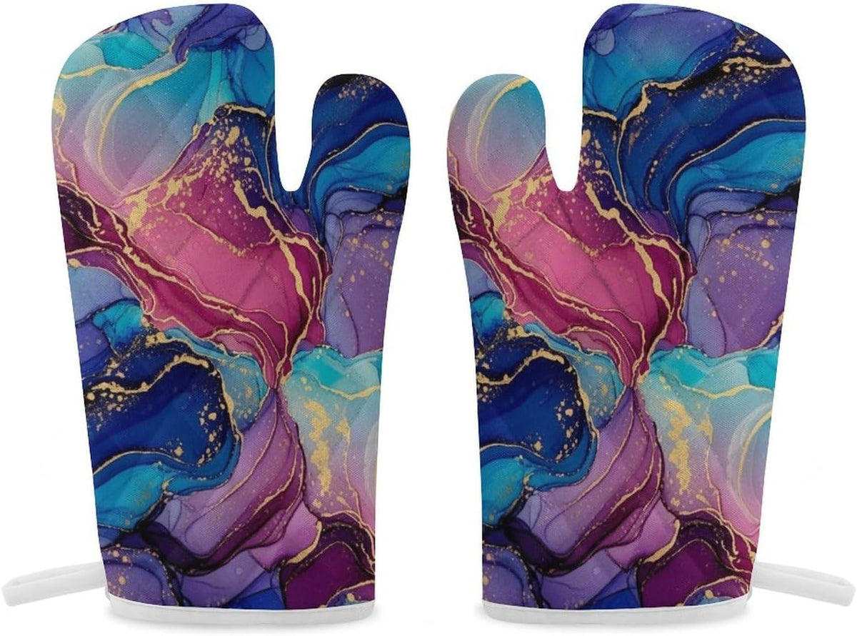 Unisex Purple Blue Pink Marble Art Lightweight and Breathable Kitchen Oven Mitts for Outdoor Barbecues, Indoor Cooking, Home Essentials Accessories