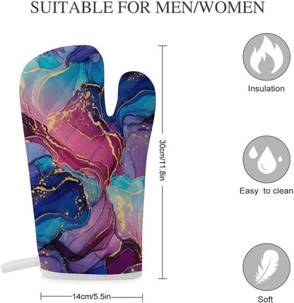 Unisex Purple Blue Pink Marble Art Lightweight and Breathable Kitchen Oven Mitts for Outdoor Barbecues, Indoor Cooking, Home Essentials Accessories