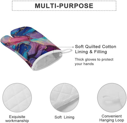 Unisex Purple Blue Pink Marble Art Lightweight and Breathable Kitchen Oven Mitts for Outdoor Barbecues, Indoor Cooking, Home Essentials Accessories
