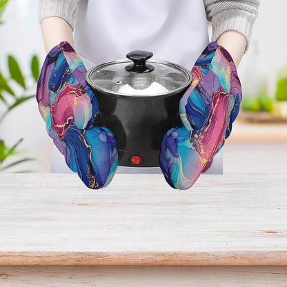 Unisex Purple Blue Pink Marble Art Lightweight and Breathable Kitchen Oven Mitts for Outdoor Barbecues, Indoor Cooking, Home Essentials Accessories