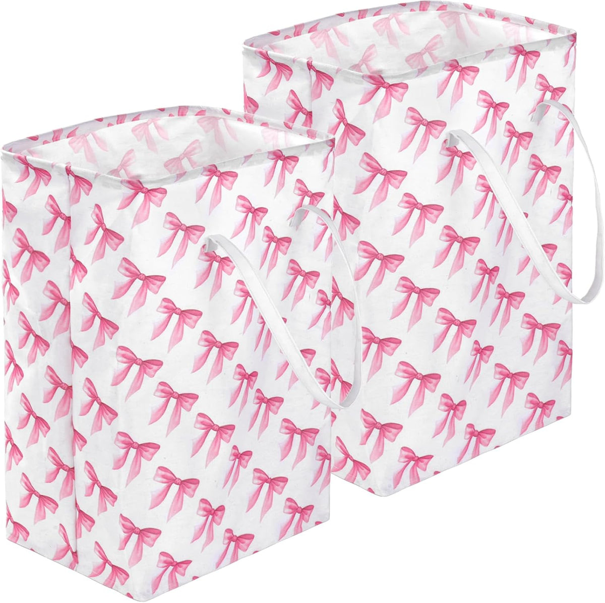 2 Pack Pink Bow Large Collapsible Laundry Baskets, Bow Laundry Hamper with Handle, Collapsible Clothes Hamper in Room, Waterproof Canvas Fabric Storage, Bathroom Decor Collapsible Clothes Hamper