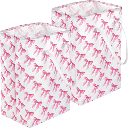 2 Pack Pink Bow Large Collapsible Laundry Baskets, Bow Laundry Hamper with Handle, Collapsible Clothes Hamper in Room, Waterproof Canvas Fabric Storage, Bathroom Decor Collapsible Clothes Hamper