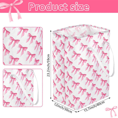 2 Pack Pink Bow Large Collapsible Laundry Baskets, Bow Laundry Hamper with Handle, Collapsible Clothes Hamper in Room, Waterproof Canvas Fabric Storage, Bathroom Decor Collapsible Clothes Hamper