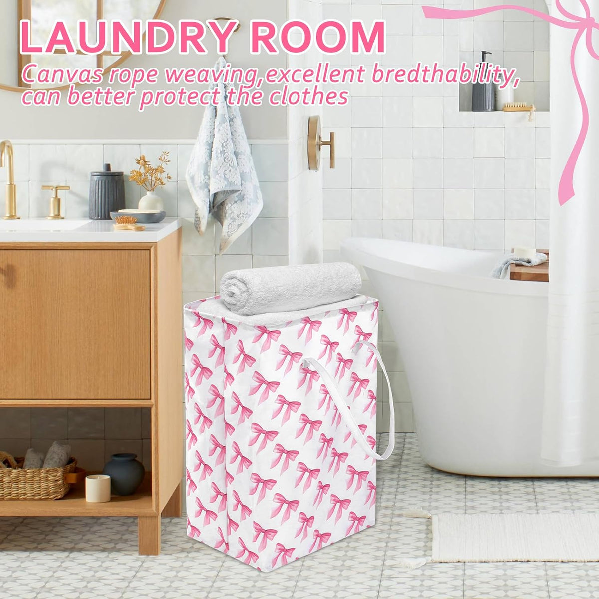 2 Pack Pink Bow Large Collapsible Laundry Baskets, Bow Laundry Hamper with Handle, Collapsible Clothes Hamper in Room, Waterproof Canvas Fabric Storage, Bathroom Decor Collapsible Clothes Hamper