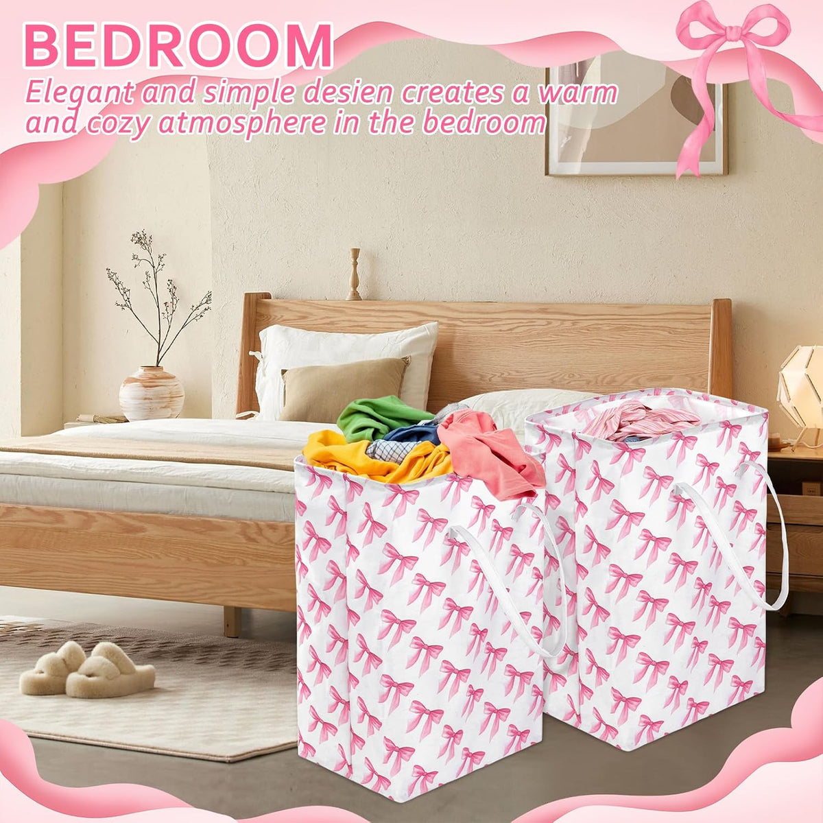 2 Pack Pink Bow Large Collapsible Laundry Baskets, Bow Laundry Hamper with Handle, Collapsible Clothes Hamper in Room, Waterproof Canvas Fabric Storage, Bathroom Decor Collapsible Clothes Hamper