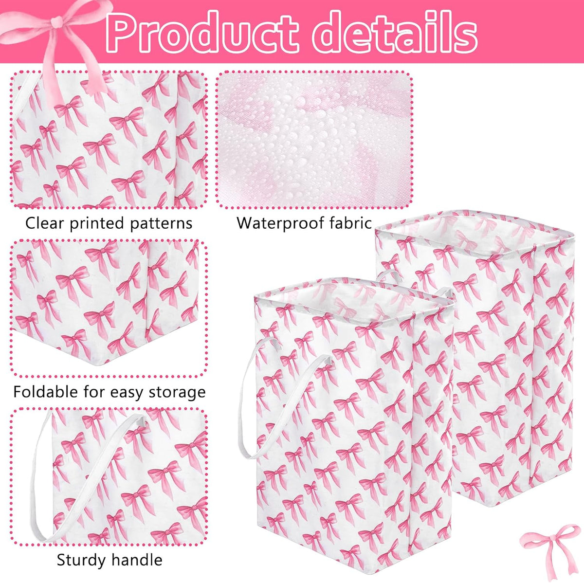 2 Pack Pink Bow Large Collapsible Laundry Baskets, Bow Laundry Hamper with Handle, Collapsible Clothes Hamper in Room, Waterproof Canvas Fabric Storage, Bathroom Decor Collapsible Clothes Hamper