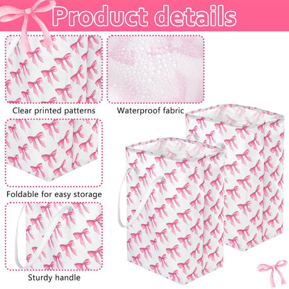 2 Pack Pink Bow Large Collapsible Laundry Baskets, Bow Laundry Hamper with Handle, Collapsible Clothes Hamper in Room, Waterproof Canvas Fabric Storage, Bathroom Decor Collapsible Clothes Hamper