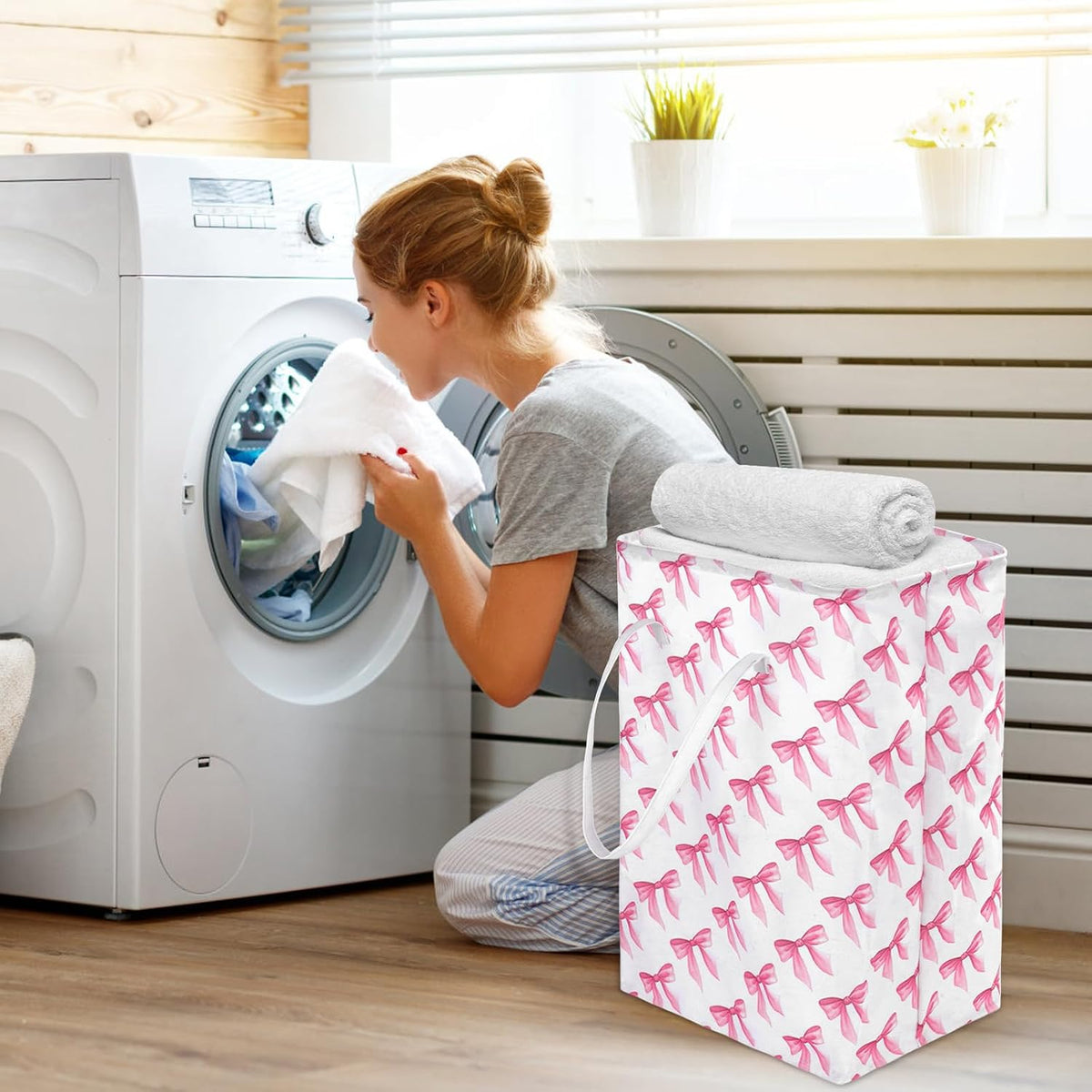 2 Pack Pink Bow Large Collapsible Laundry Baskets, Bow Laundry Hamper with Handle, Collapsible Clothes Hamper in Room, Waterproof Canvas Fabric Storage, Bathroom Decor Collapsible Clothes Hamper