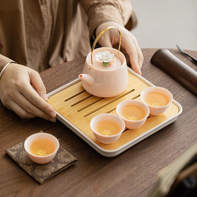 Japanese Porcelain Tea Set, Pink Kungfu Teapot Set with 1 Teapot, 4 Tea Cups, 1 Tea Tray, for Adults, Tea Lover/Women/Men/Office/Home (Pink)