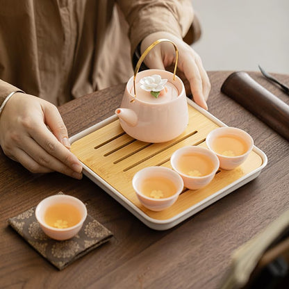 Japanese Porcelain Tea Set, Pink Kungfu Teapot Set with 1 Teapot, 4 Tea Cups, 1 Tea Tray, for Adults, Tea Lover/Women/Men/Office/Home (Pink)