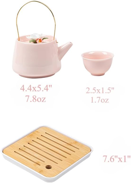 Japanese Porcelain Tea Set, Pink Kungfu Teapot Set with 1 Teapot, 4 Tea Cups, 1 Tea Tray, for Adults, Tea Lover/Women/Men/Office/Home (Pink)