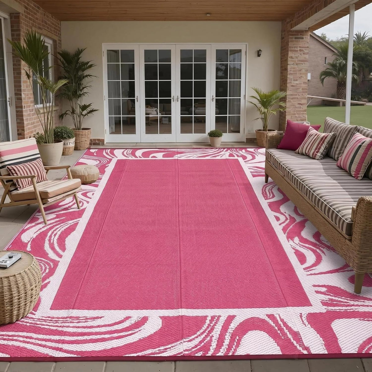 5x8 Pink Waterproof Outdoor Rug Reversible Quick Dry Weather Resistant Plastic Straw Patio Rug for Deck,Porch,RV,Camping,Balcony,Beach, Foldable Outdoor Carpet Easy to Clean, Pink White