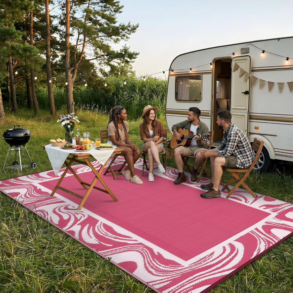 5x8 Pink Waterproof Outdoor Rug Reversible Quick Dry Weather Resistant Plastic Straw Patio Rug for Deck,Porch,RV,Camping,Balcony,Beach, Foldable Outdoor Carpet Easy to Clean, Pink White