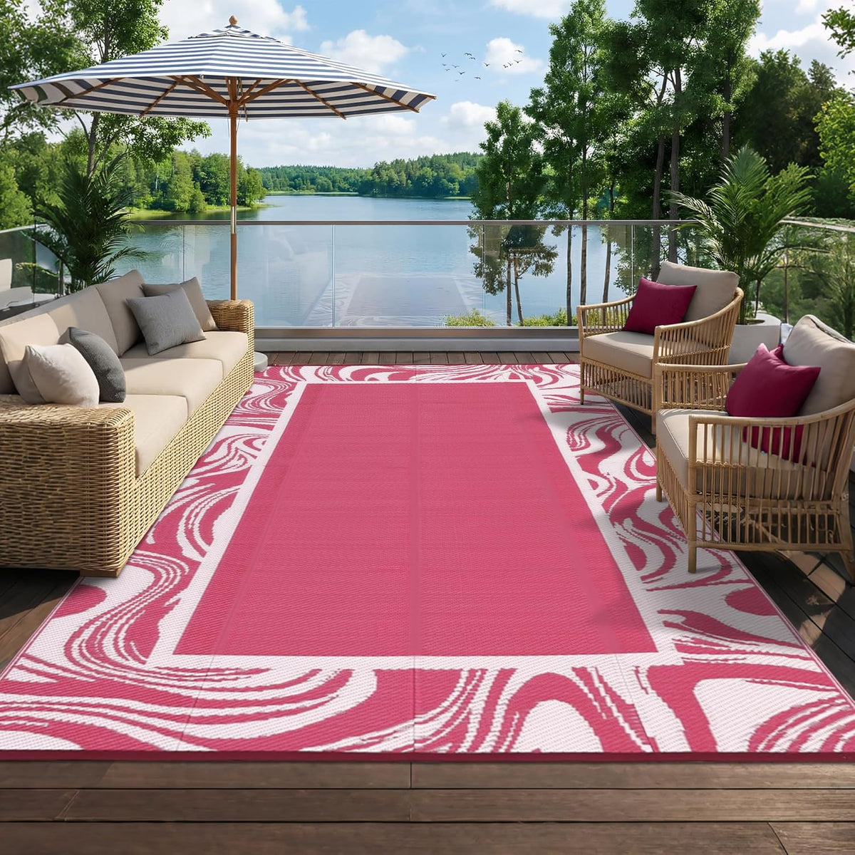 5x8 Pink Waterproof Outdoor Rug Reversible Quick Dry Weather Resistant Plastic Straw Patio Rug for Deck,Porch,RV,Camping,Balcony,Beach, Foldable Outdoor Carpet Easy to Clean, Pink White