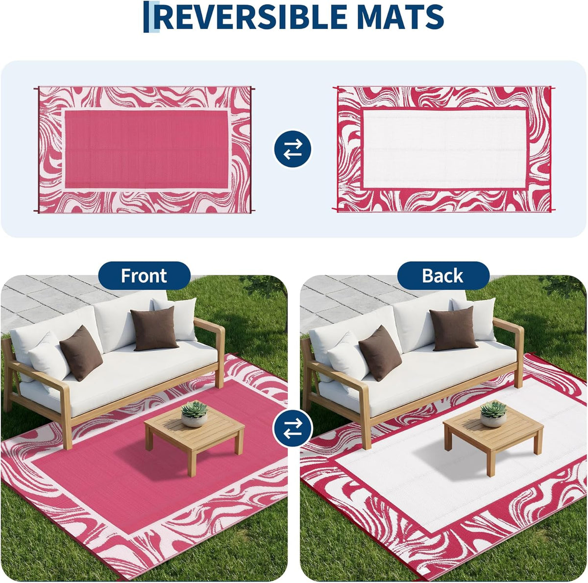 5x8 Pink Waterproof Outdoor Rug Reversible Quick Dry Weather Resistant Plastic Straw Patio Rug for Deck,Porch,RV,Camping,Balcony,Beach, Foldable Outdoor Carpet Easy to Clean, Pink White