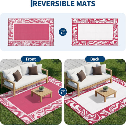5x8 Pink Waterproof Outdoor Rug Reversible Quick Dry Weather Resistant Plastic Straw Patio Rug for Deck,Porch,RV,Camping,Balcony,Beach, Foldable Outdoor Carpet Easy to Clean, Pink White