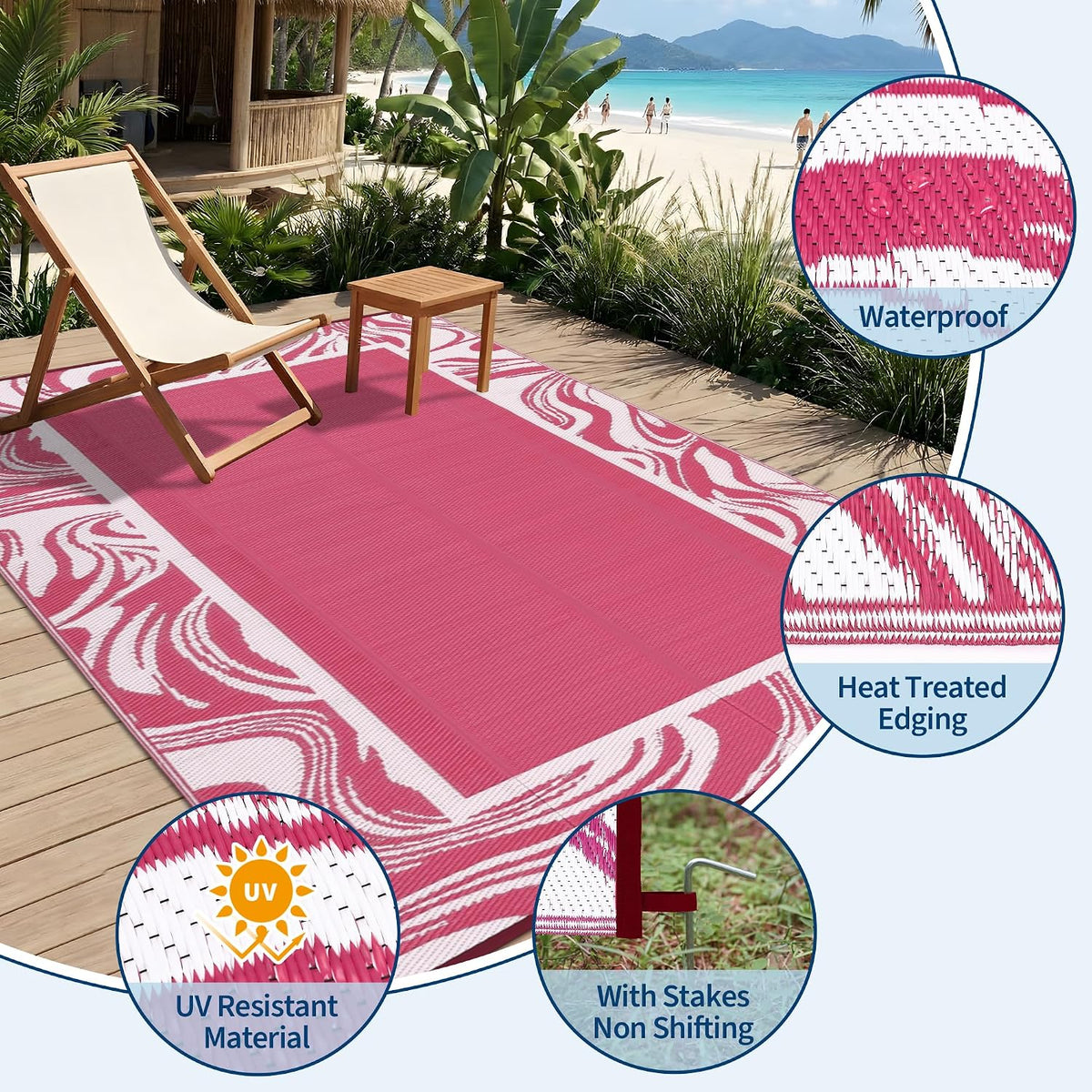5x8 Pink Waterproof Outdoor Rug Reversible Quick Dry Weather Resistant Plastic Straw Patio Rug for Deck,Porch,RV,Camping,Balcony,Beach, Foldable Outdoor Carpet Easy to Clean, Pink White