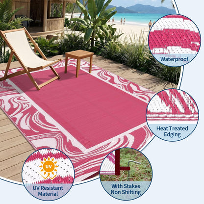 5x8 Pink Waterproof Outdoor Rug Reversible Quick Dry Weather Resistant Plastic Straw Patio Rug for Deck,Porch,RV,Camping,Balcony,Beach, Foldable Outdoor Carpet Easy to Clean, Pink White