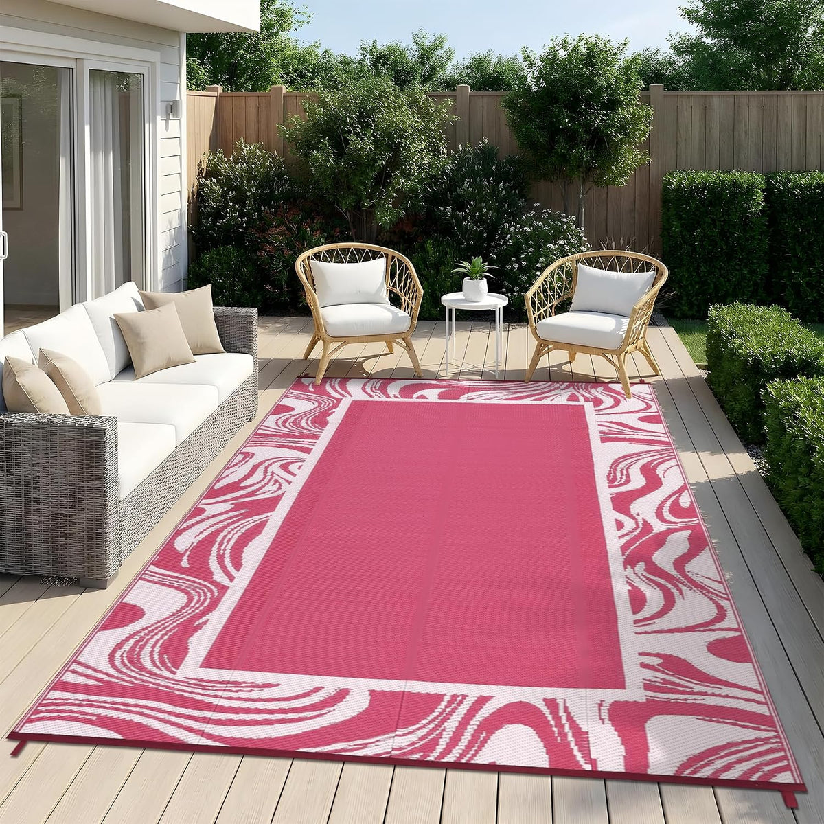 5x8 Pink Waterproof Outdoor Rug Reversible Quick Dry Weather Resistant Plastic Straw Patio Rug for Deck,Porch,RV,Camping,Balcony,Beach, Foldable Outdoor Carpet Easy to Clean, Pink White