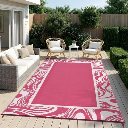 5x8 Pink Waterproof Outdoor Rug Reversible Quick Dry Weather Resistant Plastic Straw Patio Rug for Deck,Porch,RV,Camping,Balcony,Beach, Foldable Outdoor Carpet Easy to Clean, Pink White