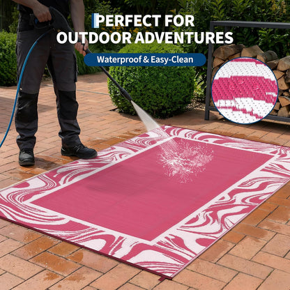 5x8 Pink Waterproof Outdoor Rug Reversible Quick Dry Weather Resistant Plastic Straw Patio Rug for Deck,Porch,RV,Camping,Balcony,Beach, Foldable Outdoor Carpet Easy to Clean, Pink White
