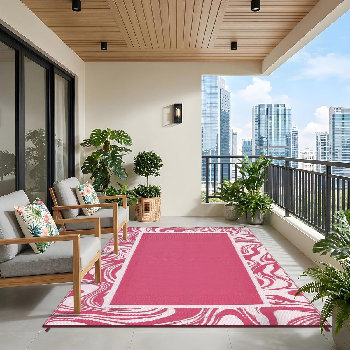 5x8 Pink Waterproof Outdoor Rug Reversible Quick Dry Weather Resistant Plastic Straw Patio Rug for Deck,Porch,RV,Camping,Balcony,Beach, Foldable Outdoor Carpet Easy to Clean, Pink White