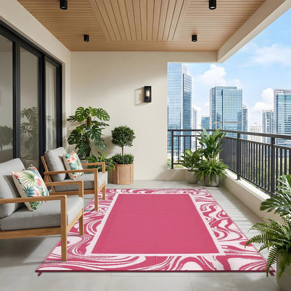 5x8 Pink Waterproof Outdoor Rug Reversible Quick Dry Weather Resistant Plastic Straw Patio Rug for Deck,Porch,RV,Camping,Balcony,Beach, Foldable Outdoor Carpet Easy to Clean, Pink White