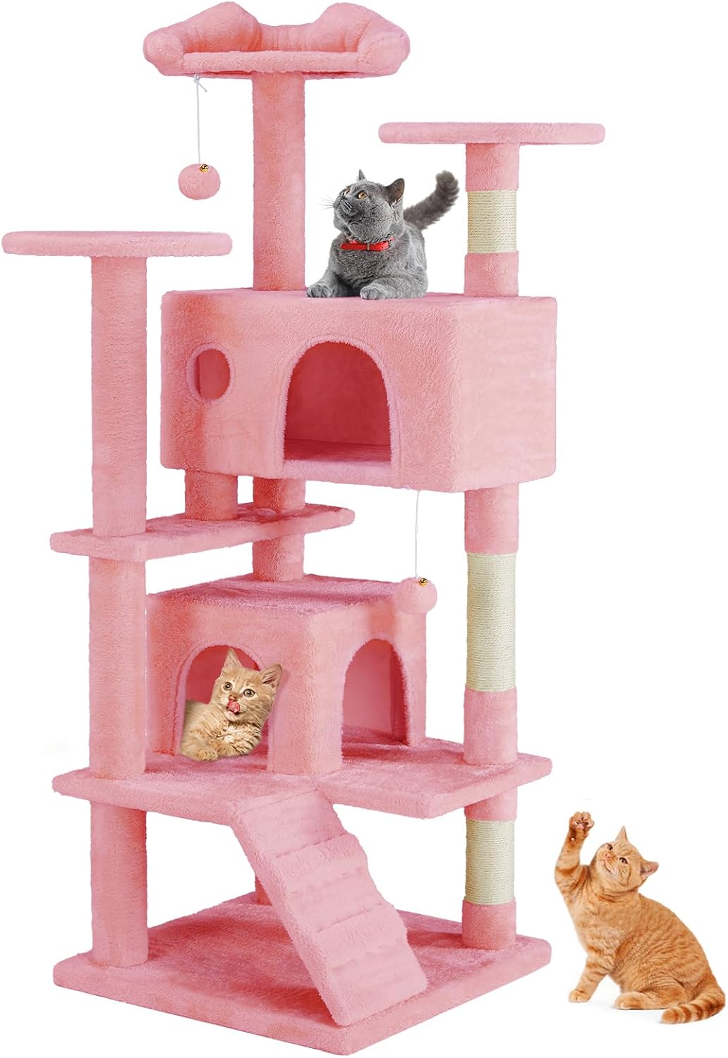 54-Inch Cat Tree Tower – Multi-Level with Sisal Scratching Post, Perfect Pet Gift, Indoor Condo with Climbing Ladder, Plush Toy, and More Animal Stuff, Pink