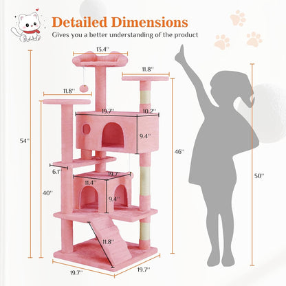 54-Inch Cat Tree Tower – Multi-Level with Sisal Scratching Post, Perfect Pet Gift, Indoor Condo with Climbing Ladder, Plush Toy, and More Animal Stuff, Pink